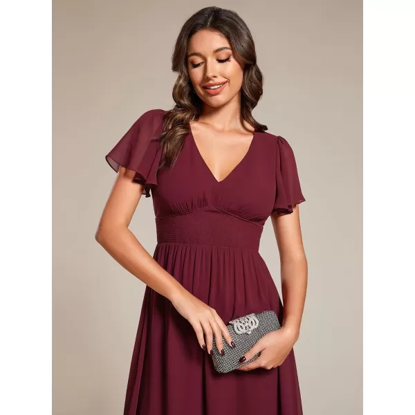 EverPretty Womens A Line V Neck Short Sleeves Pleated Midi Wedding Guest Dresses 02155Burgundy