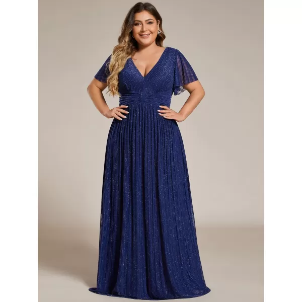 EverPretty Womens A Line V Neck Short Sleeves Pleated Plus Size Maxi Evening Dresses 11961DANavy Blue