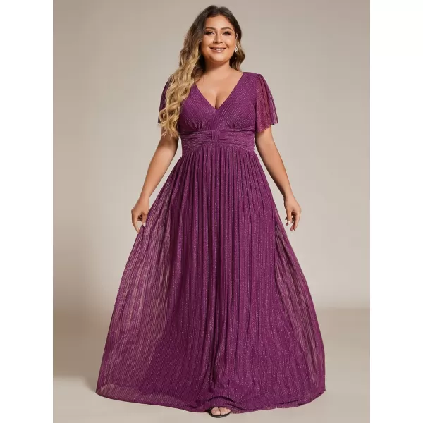 EverPretty Womens A Line V Neck Short Sleeves Pleated Plus Size Maxi Evening Dresses 11961DAPurple Wisteria