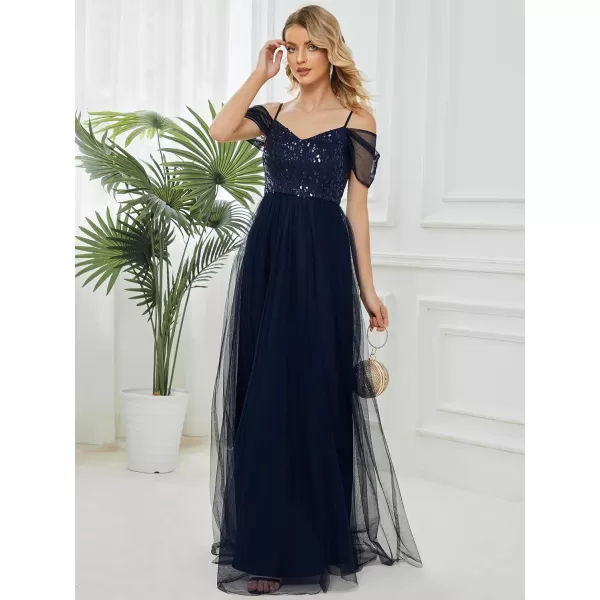 EverPretty Womens ALine Cold Shoulder Wedding Party Long Bridesmaid Dress 0766Navy Blue