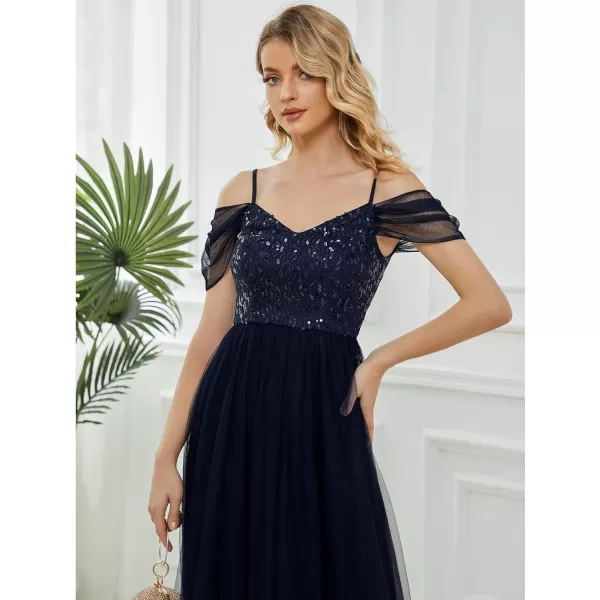 EverPretty Womens ALine Cold Shoulder Wedding Party Long Bridesmaid Dress 0766Navy Blue