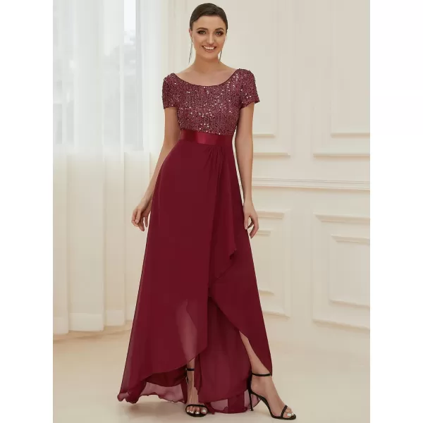 EverPretty Womens ALine Sequin Short Sleeves Backless Long Evening Formal Party Gowns 50177Burgundy