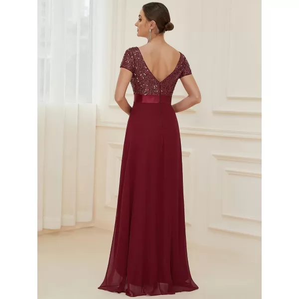 EverPretty Womens ALine Sequin Short Sleeves Backless Long Evening Formal Party Gowns 50177Burgundy