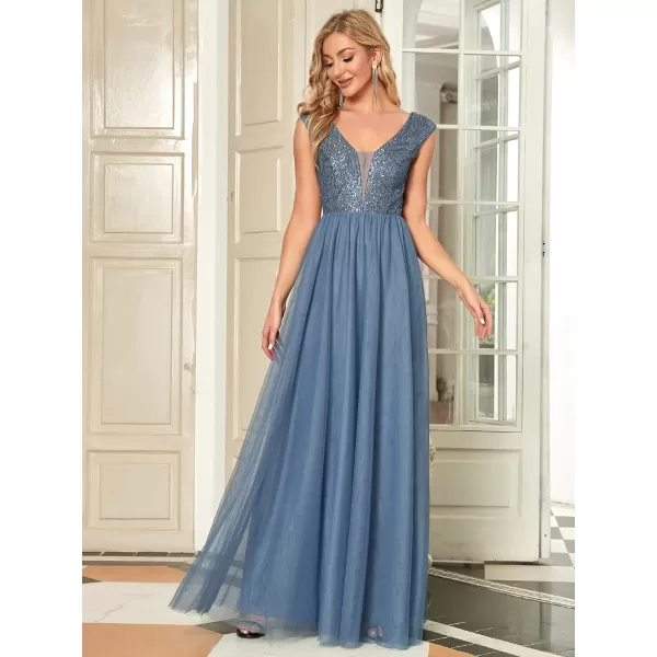 EverPretty Womens ALine Sequins Patchwork Long Evening Gowns 0983Haze Blue