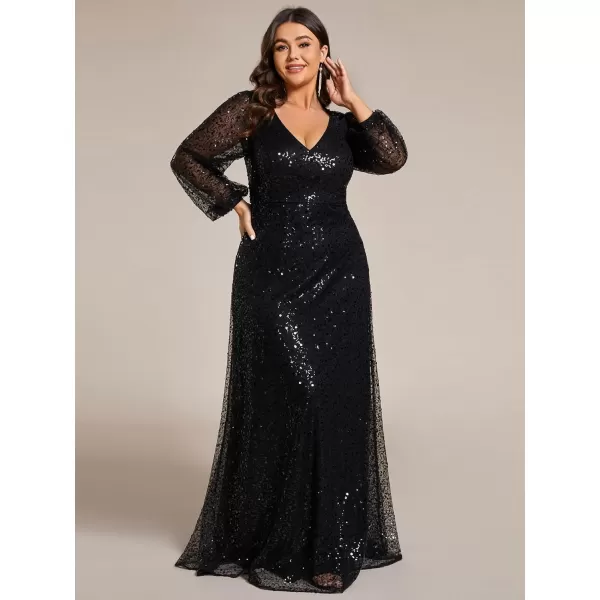 EverPretty Womens ALine V Neck Sheer Long Sleeves Sequin Tulle Plus Size Evening Dresses 01999DABlack