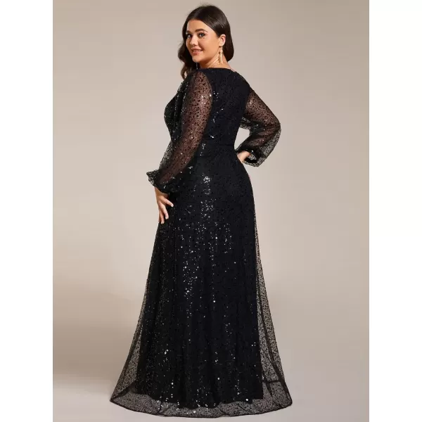 EverPretty Womens ALine V Neck Sheer Long Sleeves Sequin Tulle Plus Size Evening Dresses 01999DABlack