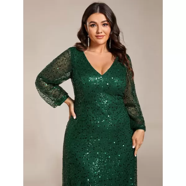 EverPretty Womens ALine V Neck Sheer Long Sleeves Sequin Tulle Plus Size Evening Dresses 01999DADark Green