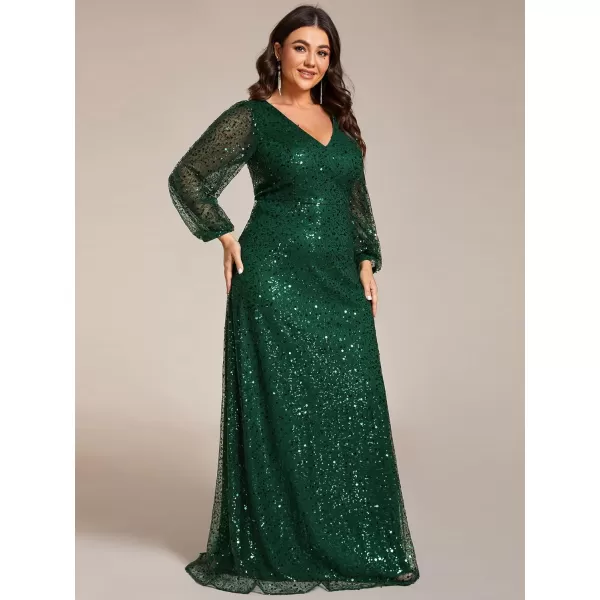 EverPretty Womens ALine V Neck Sheer Long Sleeves Sequin Tulle Plus Size Evening Dresses 01999DADark Green