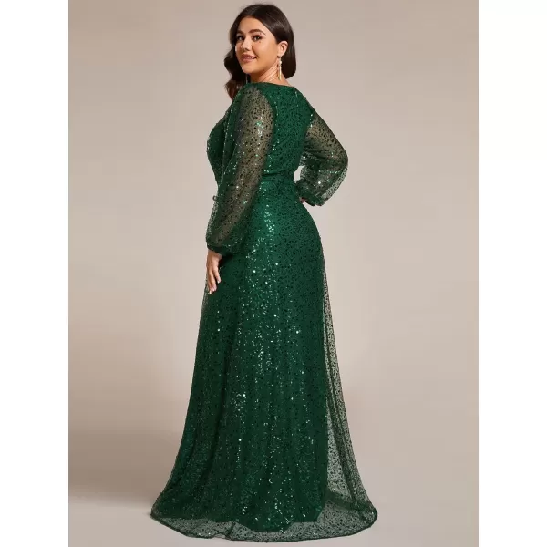 EverPretty Womens ALine V Neck Sheer Long Sleeves Sequin Tulle Plus Size Evening Dresses 01999DADark Green