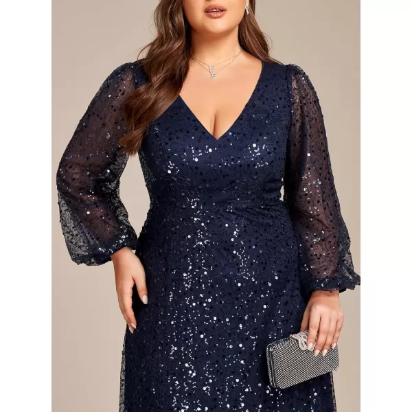 EverPretty Womens ALine V Neck Sheer Long Sleeves Sequin Tulle Plus Size Evening Dresses 01999DANavy Blue