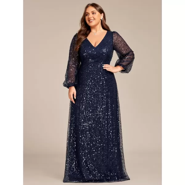 EverPretty Womens ALine V Neck Sheer Long Sleeves Sequin Tulle Plus Size Evening Dresses 01999DANavy Blue