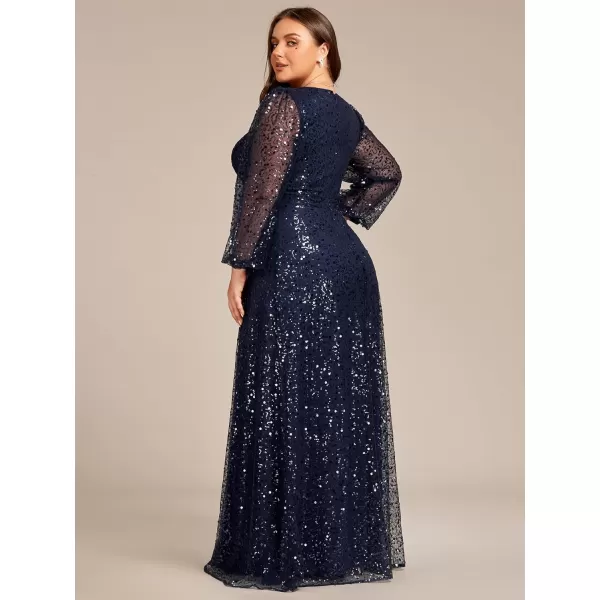 EverPretty Womens ALine V Neck Sheer Long Sleeves Sequin Tulle Plus Size Evening Dresses 01999DANavy Blue