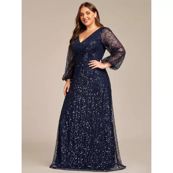 EverPretty Womens ALine V Neck Sheer Long Sleeves Sequin Tulle Plus Size Evening Dresses 01999DANavy Blue