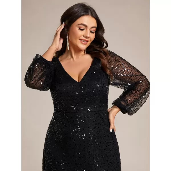 EverPretty Womens ALine V Neck Sheer Long Sleeves Tulle Plus Size Sequin Formal Dress 01999DABlack