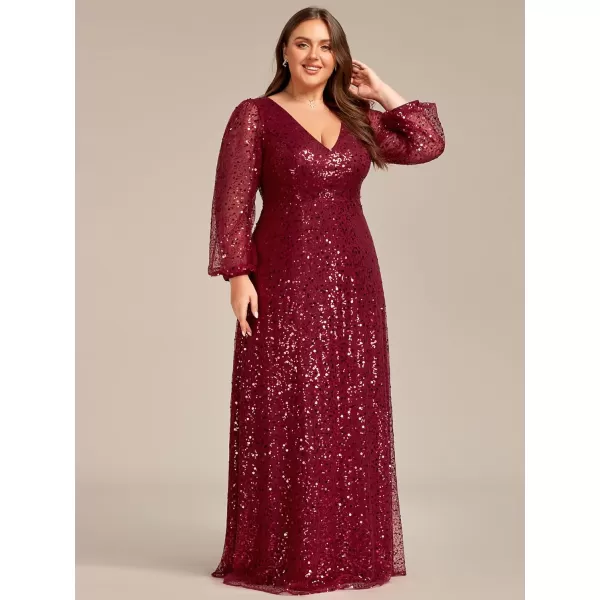 EverPretty Womens ALine V Neck Sheer Long Sleeves Tulle Plus Size Sequin Formal Dress 01999DABurgundy