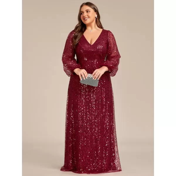 EverPretty Womens ALine V Neck Sheer Long Sleeves Tulle Plus Size Sequin Formal Dress 01999DABurgundy