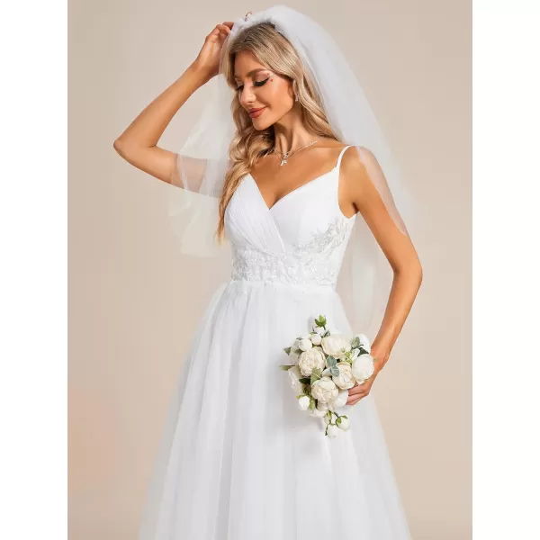 EverPretty Womens Aline VNeck Spaghetti Straps Appliques Tulle Elegant Wedding Dress 01909White