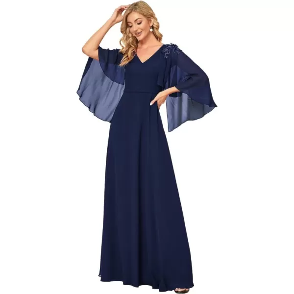 EverPretty Womens Applique Chiffon Long Sleeve Maxi Formal Evening Party Dress 0638Navy Blue