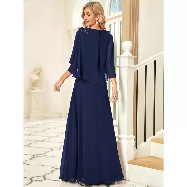 EverPretty Womens Applique Chiffon Long Sleeve Maxi Formal Evening Party Dress 0638Navy Blue