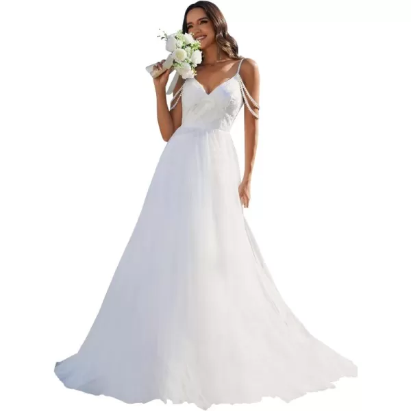 EverPretty Womens Appliques Tulle Pearl Sleeveless V Neck ALine Wedding Dress 02089White