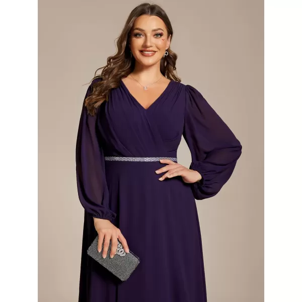 EverPretty Womens Beads Waist Long Sleeves V Neck Plus Size Formal Dresses 01981DADark Purple