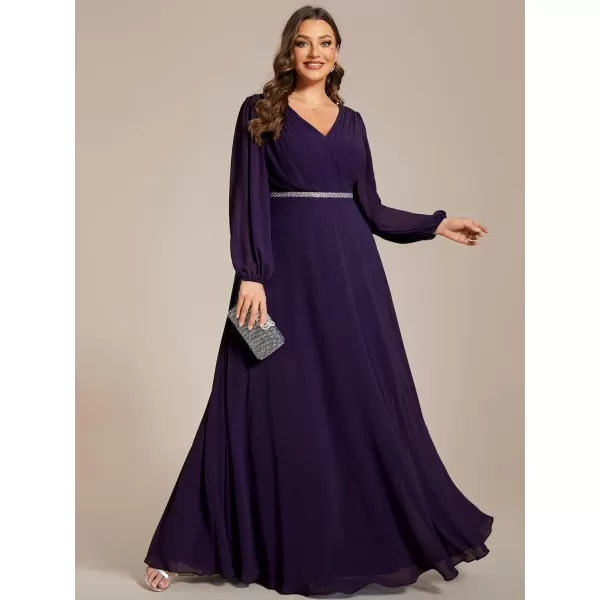 EverPretty Womens Beads Waist Long Sleeves V Neck Plus Size Formal Dresses 01981DADark Purple