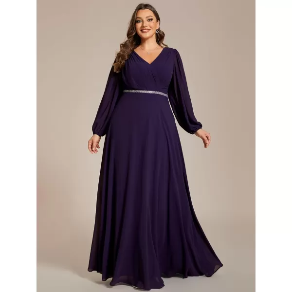 EverPretty Womens Beads Waist Long Sleeves V Neck Plus Size Formal Dresses 01981DADark Purple