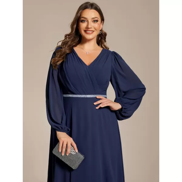 EverPretty Womens Beads Waist Long Sleeves V Neck Plus Size Formal Dresses 01981DANavy Blue