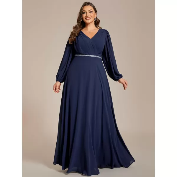 EverPretty Womens Beads Waist Long Sleeves V Neck Plus Size Formal Dresses 01981DANavy Blue