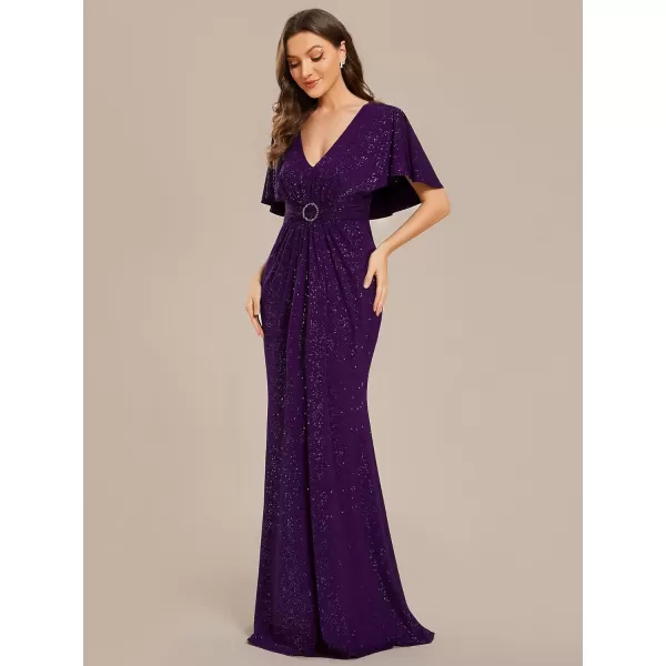 EverPretty Womens Bodycon Mermaid Pleated V Neck Long Glitter Evening Dress with Shawl 01891Deep Purple