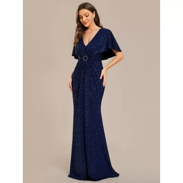 EverPretty Womens Bodycon Mermaid Pleated V Neck Long Glitter Evening Dress with Shawl 01891Navy Blue