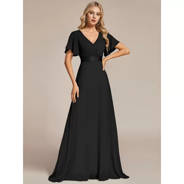 EverPretty Womens Bridemaids Dress V Neck Short Sleeves A Line Chiffon Long Formal DressesBlack