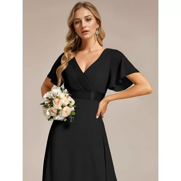 EverPretty Womens Bridemaids Dress V Neck Short Sleeves A Line Chiffon Long Formal DressesBlack