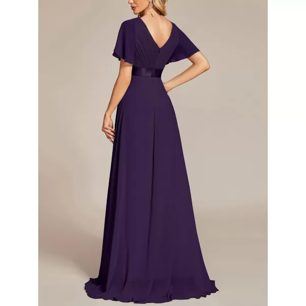 EverPretty Womens Bridemaids Dress V Neck Short Sleeves A Line Chiffon Long Formal DressesDeep Purple