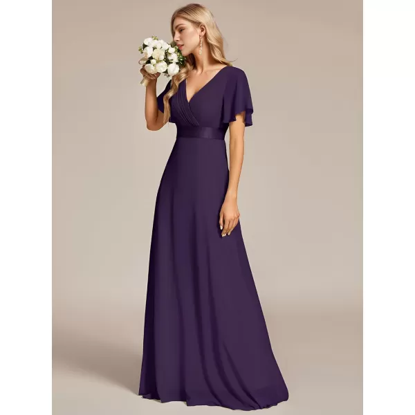 EverPretty Womens Bridemaids Dress V Neck Short Sleeves A Line Chiffon Long Formal DressesDeep Purple