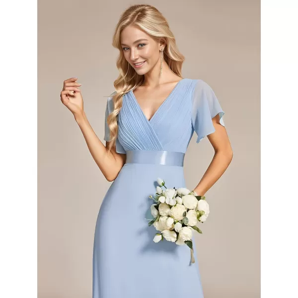 EverPretty Womens Bridemaids Dress V Neck Short Sleeves A Line Chiffon Long Formal DressesIce Blue