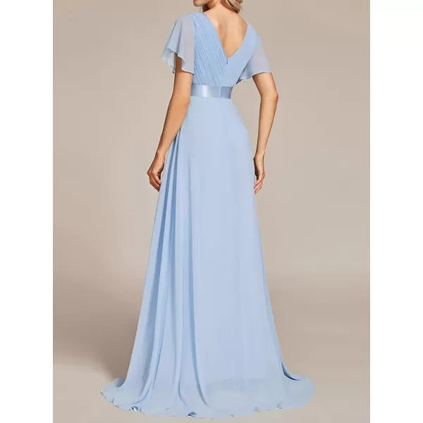 EverPretty Womens Bridemaids Dress V Neck Short Sleeves A Line Chiffon Long Formal DressesIce Blue