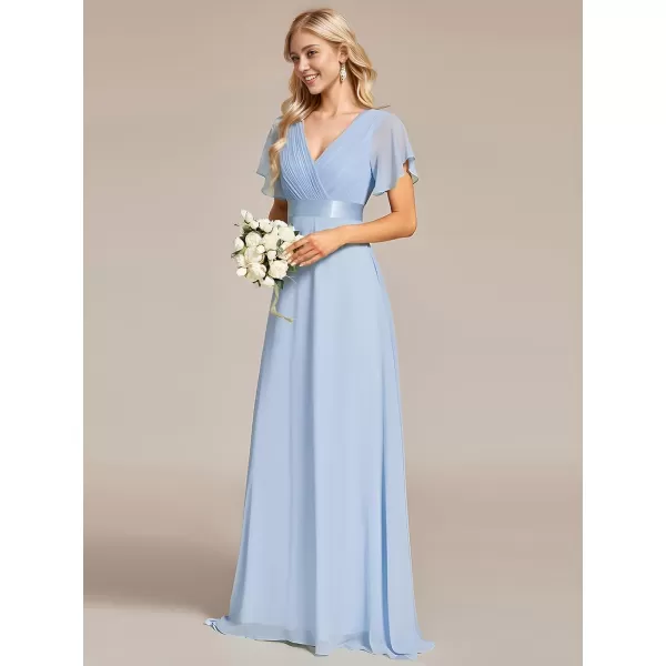 EverPretty Womens Bridemaids Dress V Neck Short Sleeves A Line Chiffon Long Formal DressesIce Blue