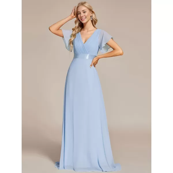 EverPretty Womens Bridemaids Dress V Neck Short Sleeves A Line Chiffon Long Formal DressesIce Blue