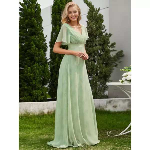 EverPretty Womens Bridemaids Dress V Neck Short Sleeves A Line Chiffon Long Formal DressesLight Green Roses