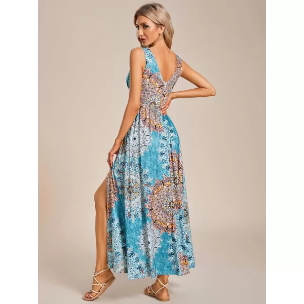 EverPretty Womens Bridemaids Dresses Deep VNeck Sleeveless Side Slit Floor Length Wedding Guest Dress 0168BB Bohemian Light Blue Printed