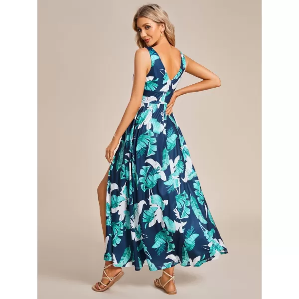 EverPretty Womens Bridemaids Dresses Deep VNeck Sleeveless Side Slit Floor Length Wedding Guest Dress 0168BB Navy Green Printed