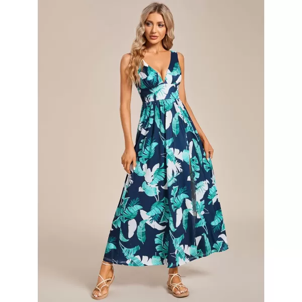 EverPretty Womens Bridemaids Dresses Deep VNeck Sleeveless Side Slit Floor Length Wedding Guest Dress 0168BB Navy Green Printed