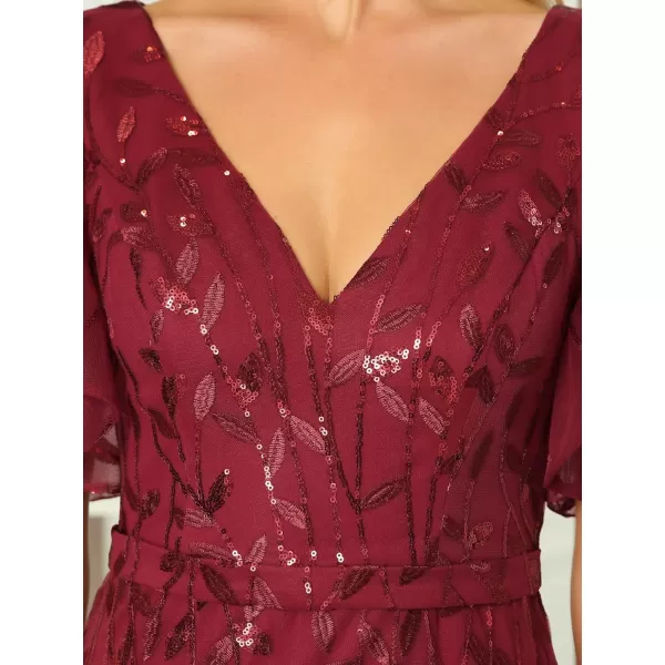 EverPretty Womens Bridesmaid Dress V Neck Short Sleeve Sparkly Embroidery Formal Dress 0692Burgundy