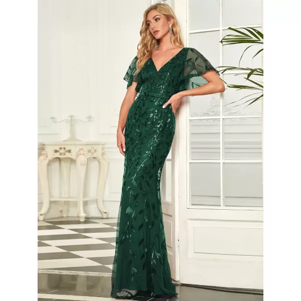 EverPretty Womens Bridesmaid Dress V Neck Short Sleeve Sparkly Embroidery Formal Dress 0692Dark Green