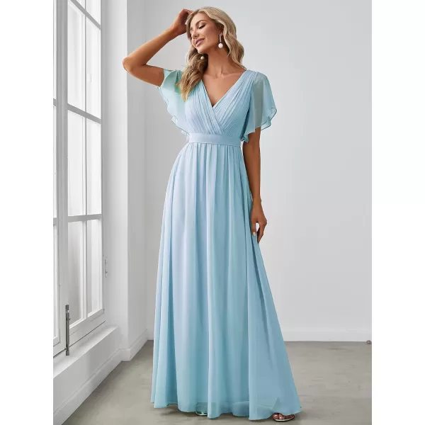 EverPretty Womens Bridesmaid Dress VNeck Ruffle Sleeves Ruched Bust Floor Length Chiffon Formal Dresses 0164ABlue