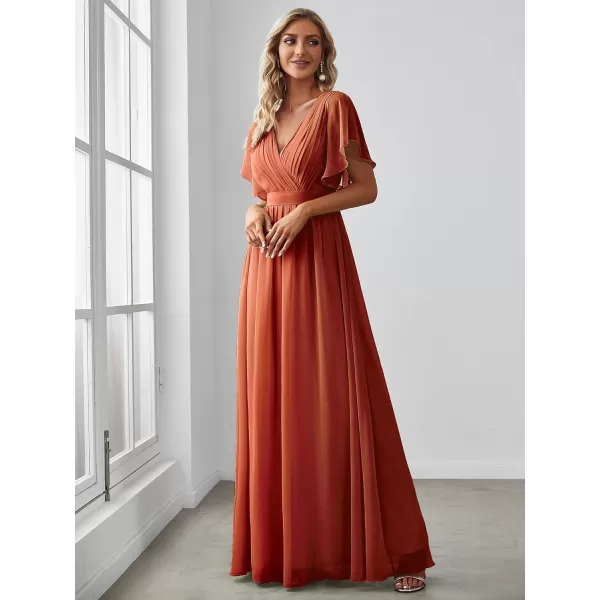 EverPretty Womens Bridesmaid Dress VNeck Ruffle Sleeves Ruched Bust Floor Length Chiffon Formal Dresses 0164ABurnt Orange