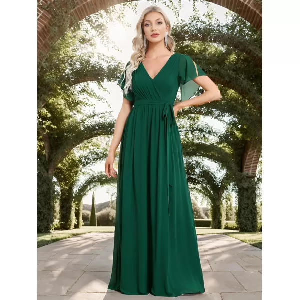 EverPretty Womens Bridesmaid Dress VNeck Ruffle Sleeves Ruched Bust Floor Length Chiffon Formal Dresses 0164ADark Green