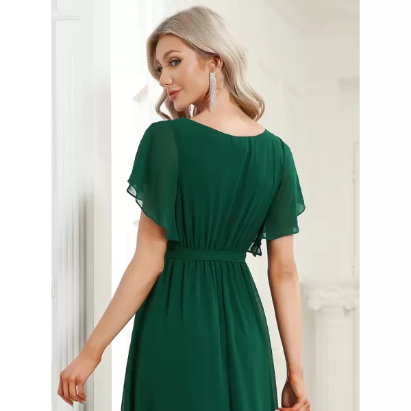 EverPretty Womens Bridesmaid Dress VNeck Ruffle Sleeves Ruched Bust Floor Length Chiffon Formal Dresses 0164ADark Green