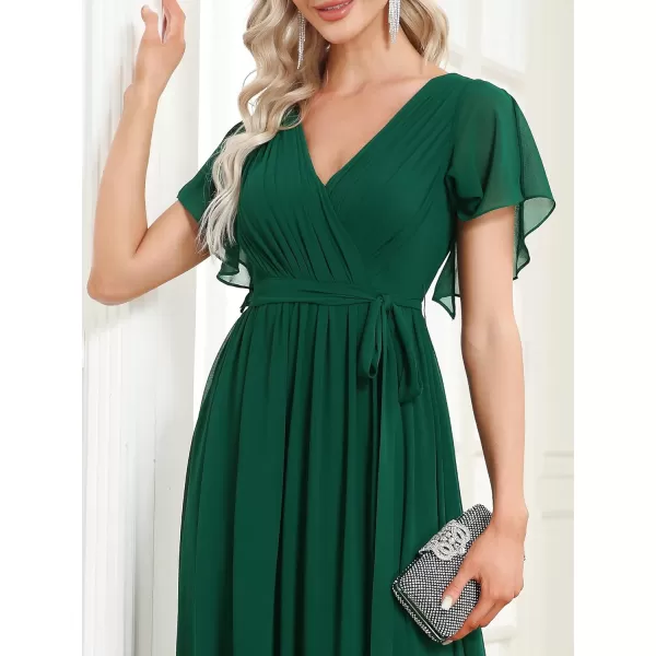 EverPretty Womens Bridesmaid Dress VNeck Ruffle Sleeves Ruched Bust Floor Length Chiffon Formal Dresses 0164ADark Green